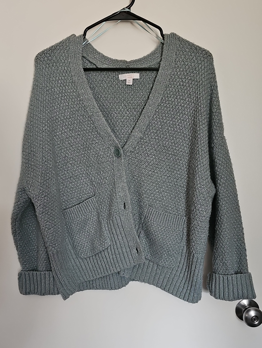 Lauren Conrad Textured Sage Green V-Neck Button Cardigan